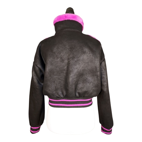 B. Coature NWT Black & Hot Pink Faux Fur Cropped Bomber Moto Jacket Size L - Picture 4 of 8